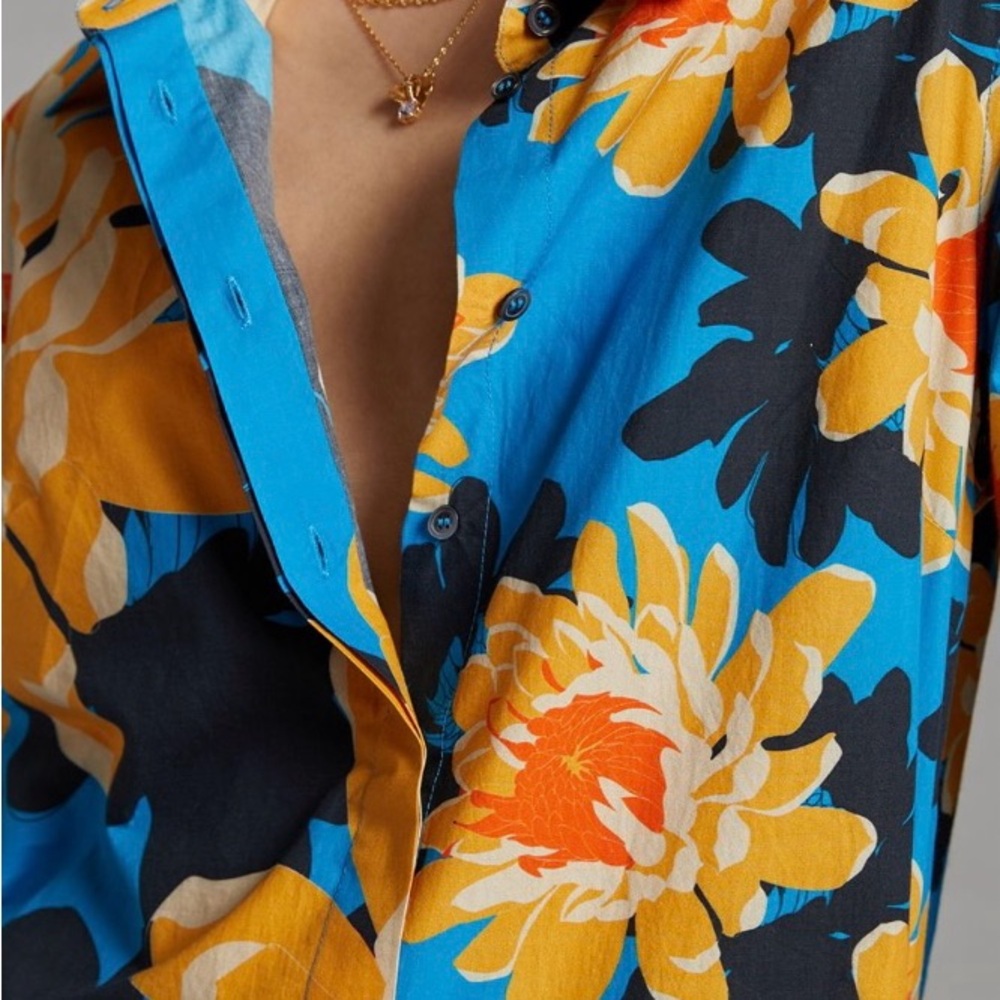 Anthropologie Blue Yellow Black Floral Button-Down Shirt